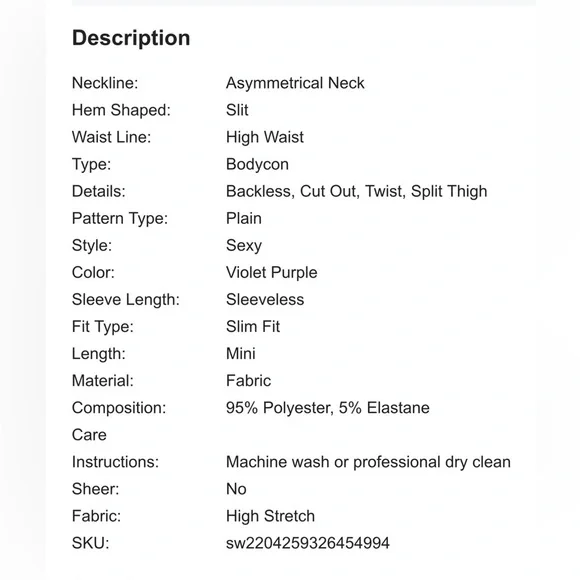 SHEIN One Shoulder Cutout Front Open Back Mini Bodycon Dress Violet Purple Sz S - Picture 6 of 7